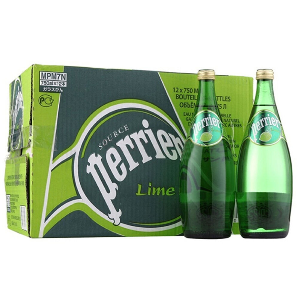 自营法国进口巴黎水perrier气泡矿泉水青柠味玻璃瓶装750ml12瓶箱