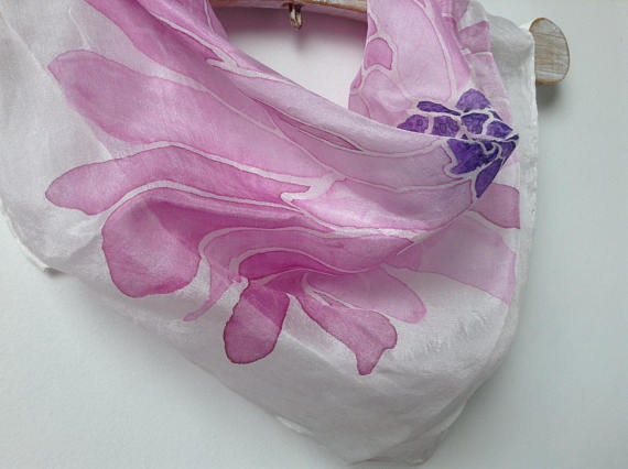 UniqueHandmadeSilkScarf-45x45cm-HandPaintedSilkNeckerchief-FlowerySilkScarf-PinkandWhiteSilkBandana-LovelySilkGift-MotherGift