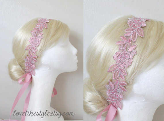 VintagePinkEmbroideryFlowerLaceSash,BridalPinkSashBelt,BridesmaidSash,BridesmaidHeadband,HeadTie.