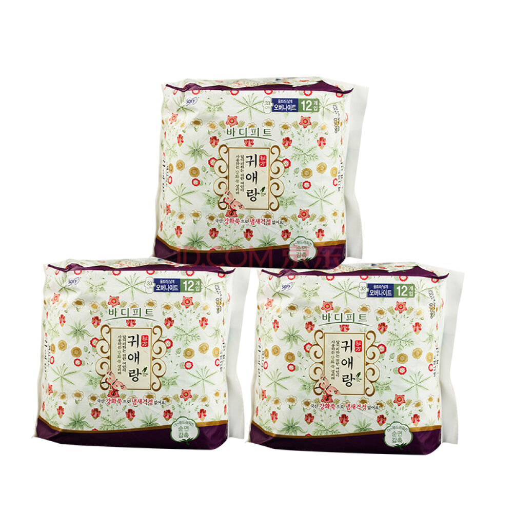韩国LG贵爱娘卫生巾韩方中草药姨妈巾夜用型33cm12片/3包