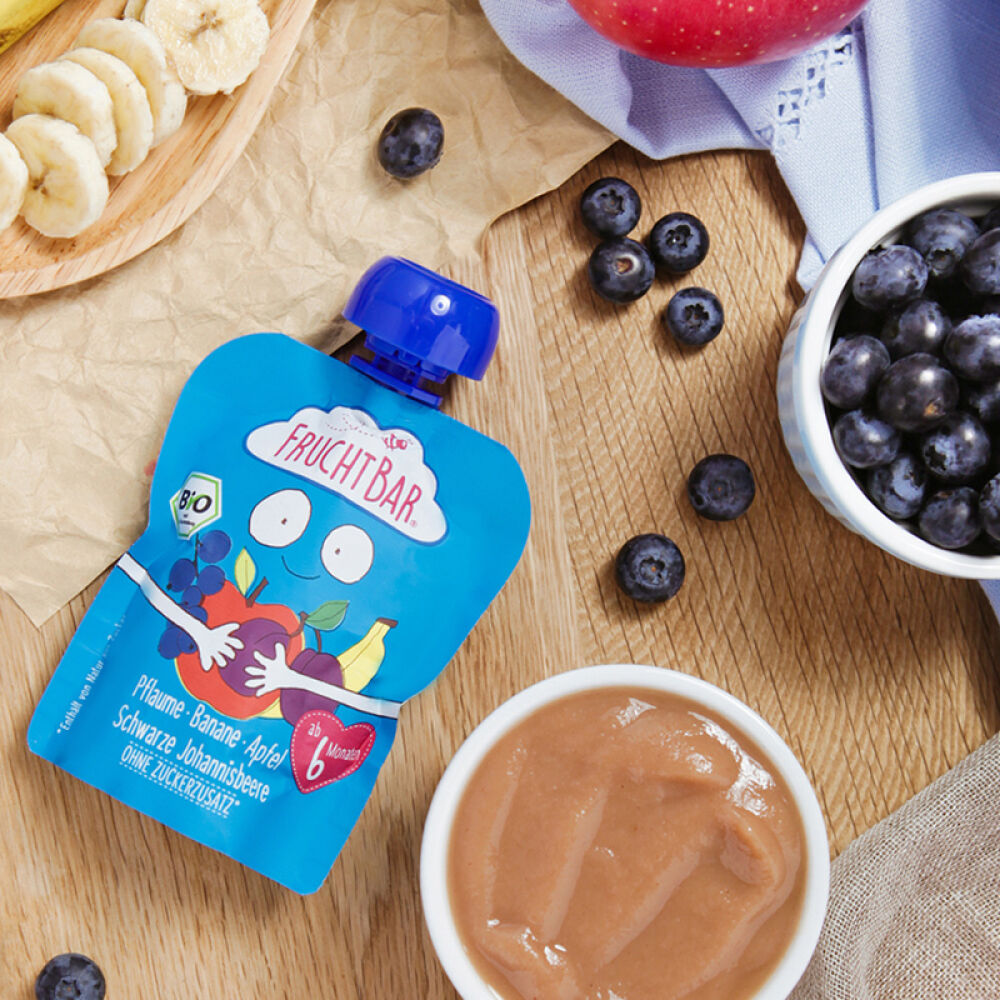 德国原装进口Fruchtbar宝宝婴儿辅食零食混合蔬菜水果泥90g多口味可选苹果香蕉李子黑加仑混合果泥90g