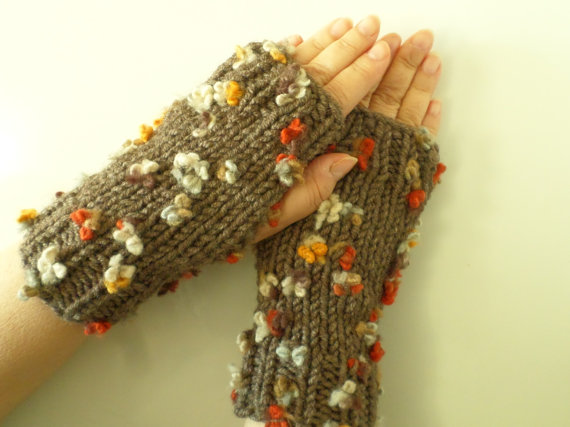 HandmadeSuperChunkyFingerlessGloves.MiddleBrownChunkyMerinoArmWarmers.WarmMittens.WomanBrownGloves.Grey