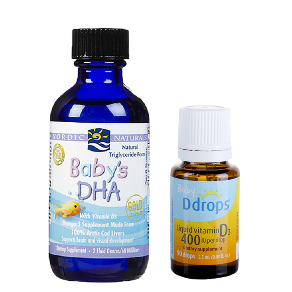 美国原装进口BabyDdrops婴儿维生素D3滴剂促进钙吸收Vd360滴+挪威小鱼60ml组合装