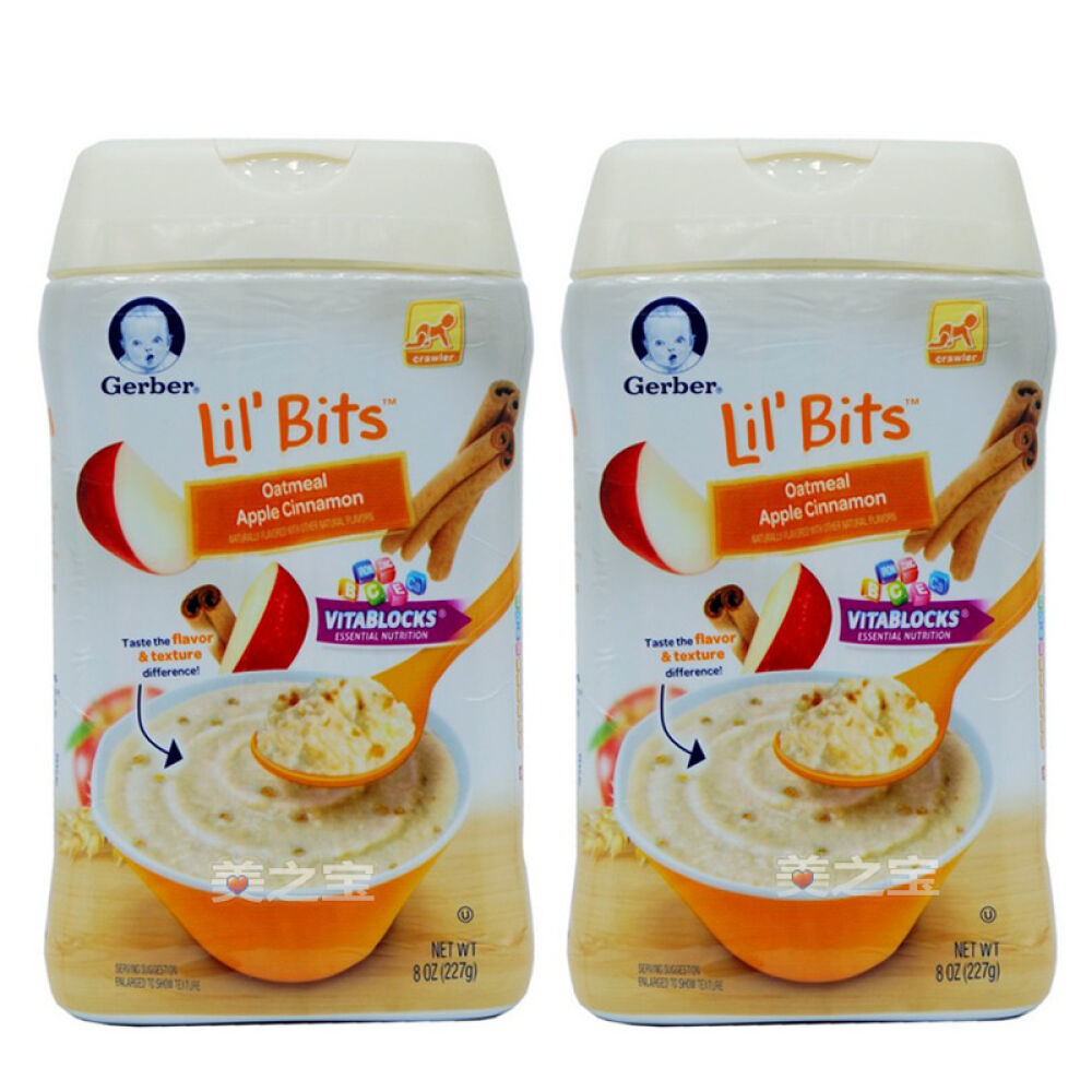 嘉宝Gerber米粉婴幼儿辅食米粉米糊添加DHA矿物质微量元素227克苹果肉桂燕麦米粉*2罐