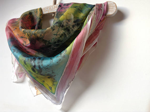 UniqueHandmadeSilkScarf-HandPaintedPureSilkNeckerchief-ColorfulSilkScarf-BlueSilkBandana-LovelyGiftWoman-55x55cm,v