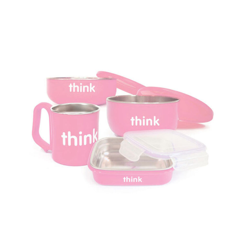 美国Thinkbaby辛克宝贝不锈钢餐具套餐双层隔热保温汤碗饭碗4件/套粉色款