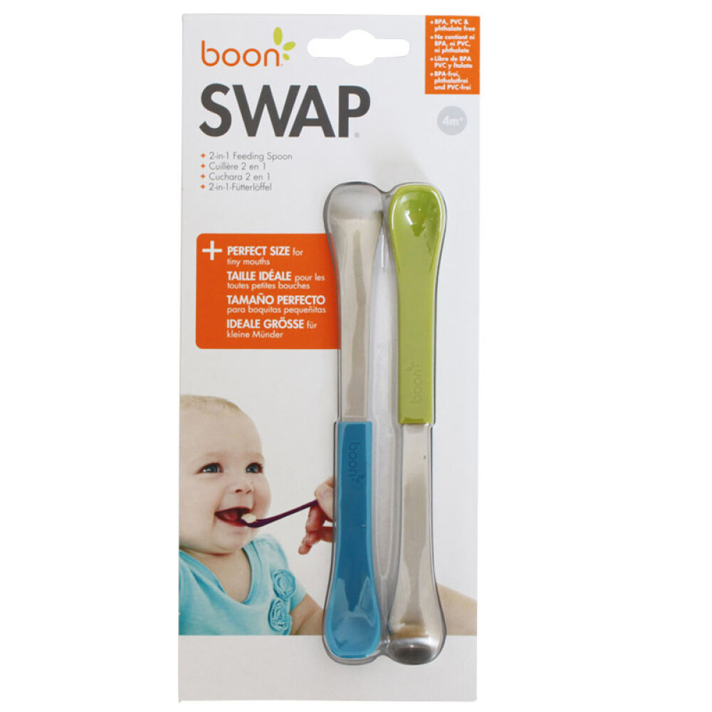 美国Boon宝宝餐具软硬两用勺Swap双头喂养勺2支装绿蓝