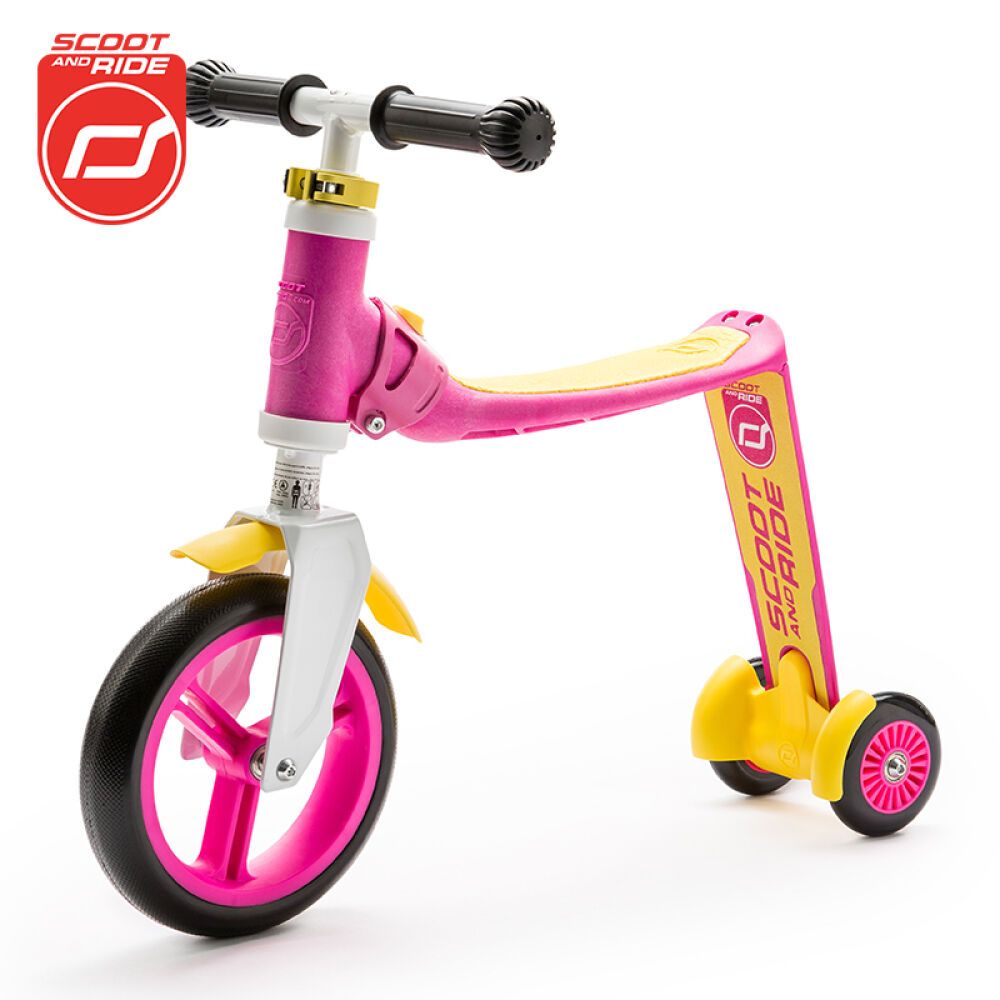 奥地利scootride儿童滑板车骑滑2合1滑板车平衡可坐粉黄色