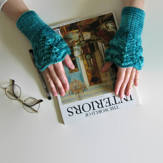 EmeraldGreenWoolLaceArmWarmersKnitted,TealWristers,WomenFingerlessGloves,HandKnit,Winter,Mittens,WristCuff,GiftsforHer