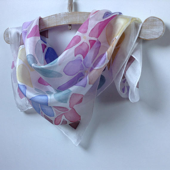 UniqueHandmadeSilkScarf-HandPaintedSilkNeckerchief-FlowerySilkScarf-SpringSilkBandana-LovelyGift45x45cm