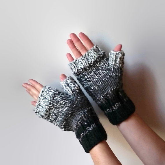 GradateGrayWoolFingerlessMitts,WomanMittens,Gloves,FallFashion,WinterAccessories,ChunkyKnit,Mens,HandWarmersKnitted
