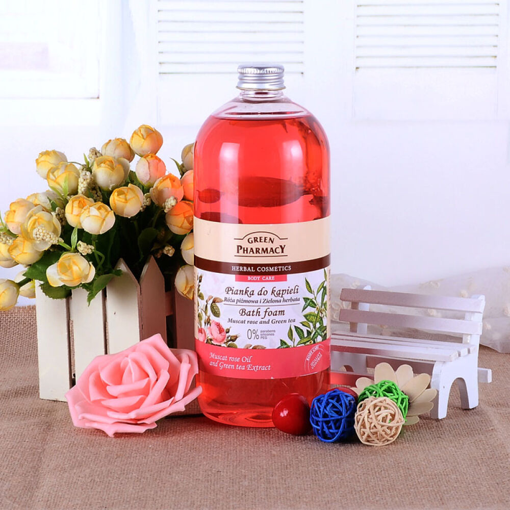 波兰原装进口GreenPharmacy快乐泡泡浴泡澡沐浴露1000ml粉红玫瑰绿茶草本快乐泡泡浴