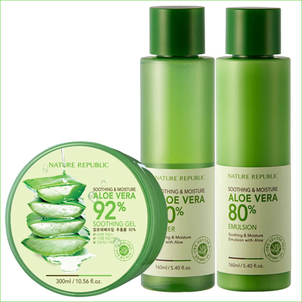 自然乐园NatureRepublic芦荟胶芦荟保湿补水乳芦荟胶精华保湿水乳3件套