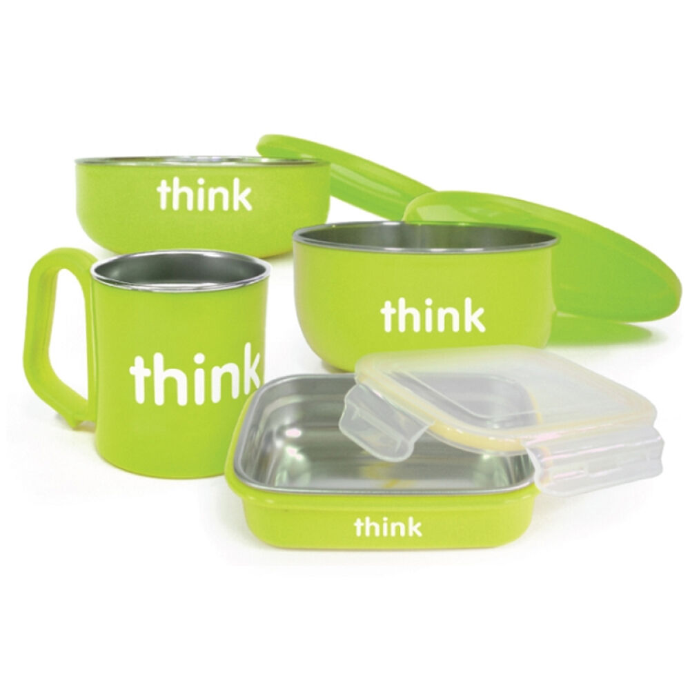 美国原装进口辛克宝贝Thinkbaby宝宝婴幼儿不锈钢餐具套餐绿色款4件/套