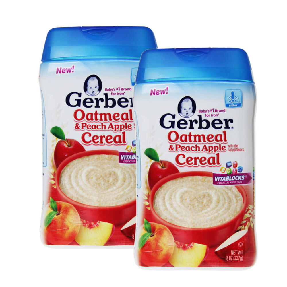 嘉宝Gerber米粉婴幼儿辅食米粉米糊添加DHA矿物质微量元素227克苹果肉桂燕麦米粉*2罐