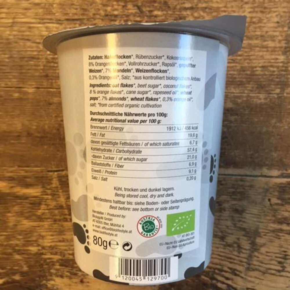 自营奥地利进口百乐奥(biolifestyle)有机香脆杏仁燕麦片（甜橙味）80g