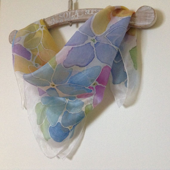 UniqueHandmadeSilkScarf-HandPaintedPureSilkNeckerchief-FlowerySilkScarf-SpringSilkBandana-LovelyGiftMom-55x55cm,v