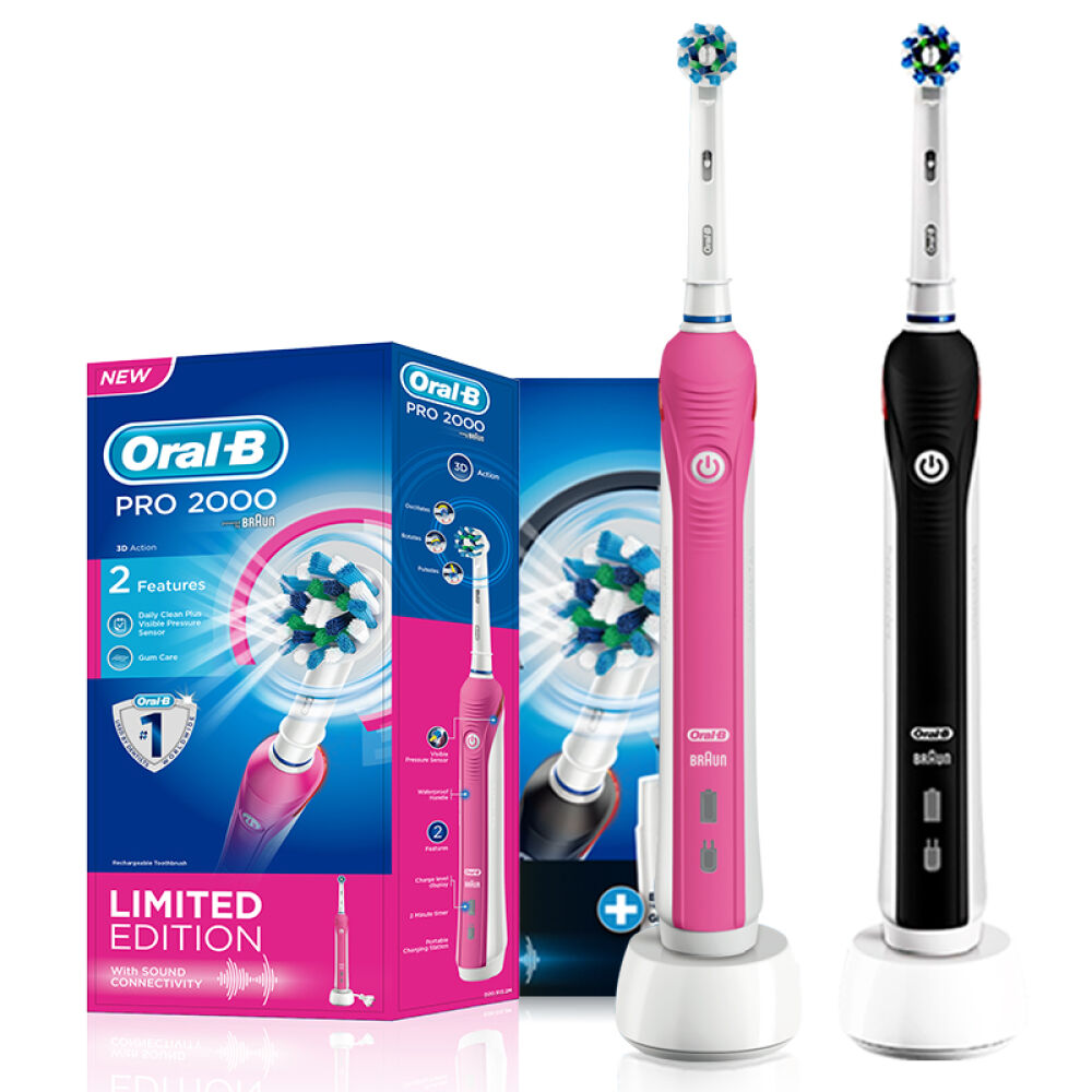 自营德国欧乐B(Oral-B)P2500极客黑限量版电动牙刷&樱花粉限量版电动牙刷套装