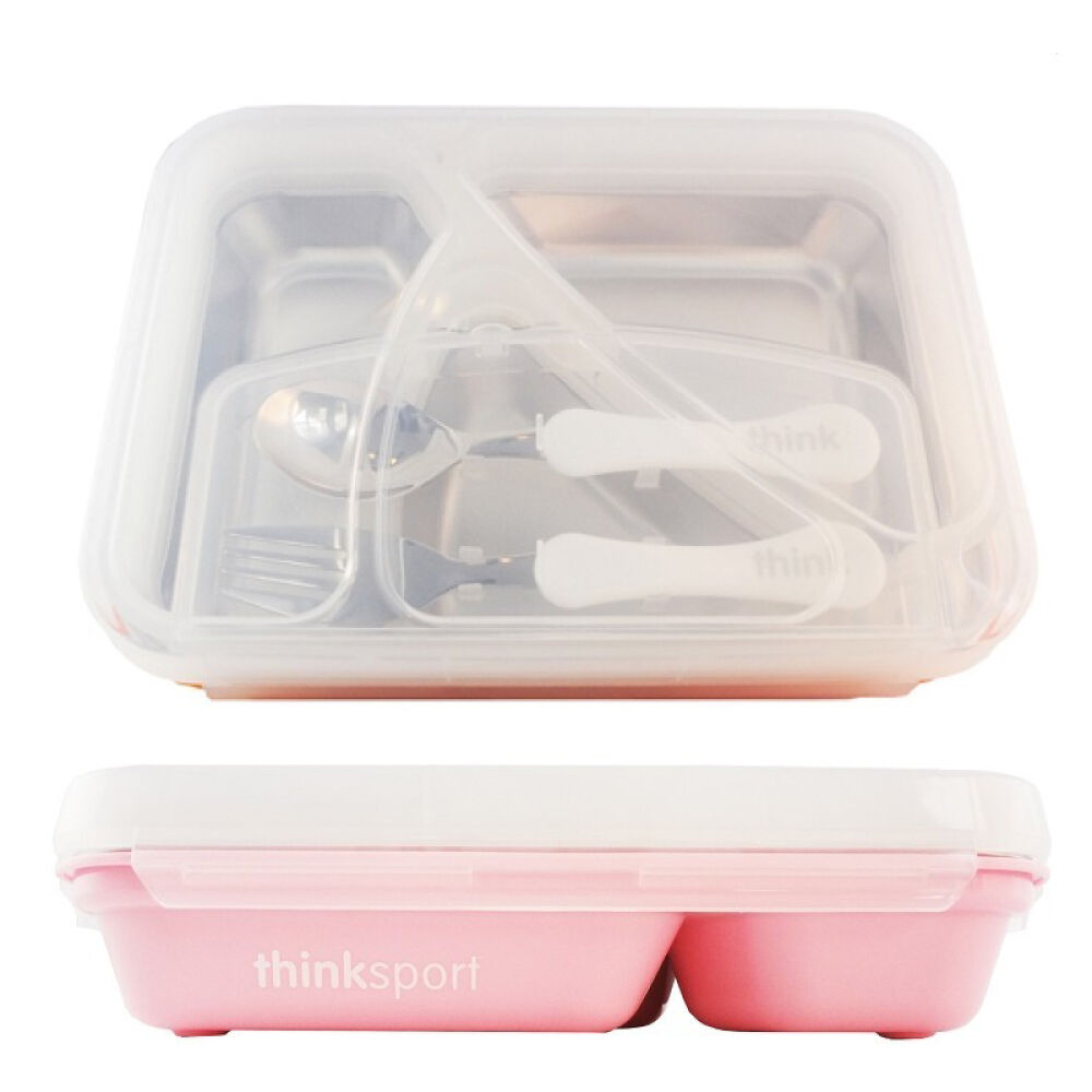 thinkbaby辛克宝贝儿童不锈钢餐具餐盘饭盒宝宝野餐盒附刀叉粉色