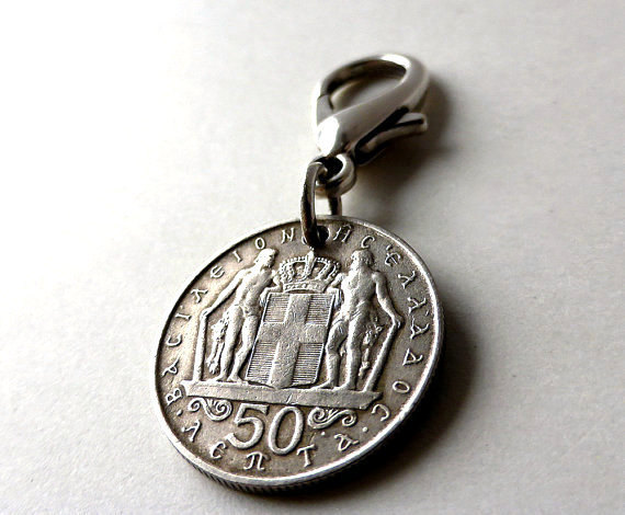 Greek,Zippercharm,Zipperpull,HandbagCharm,Pursecharm,Vintagecharm,Coincharm,Giftsunder15,Upcycledcoin,Charms,Coins,1970