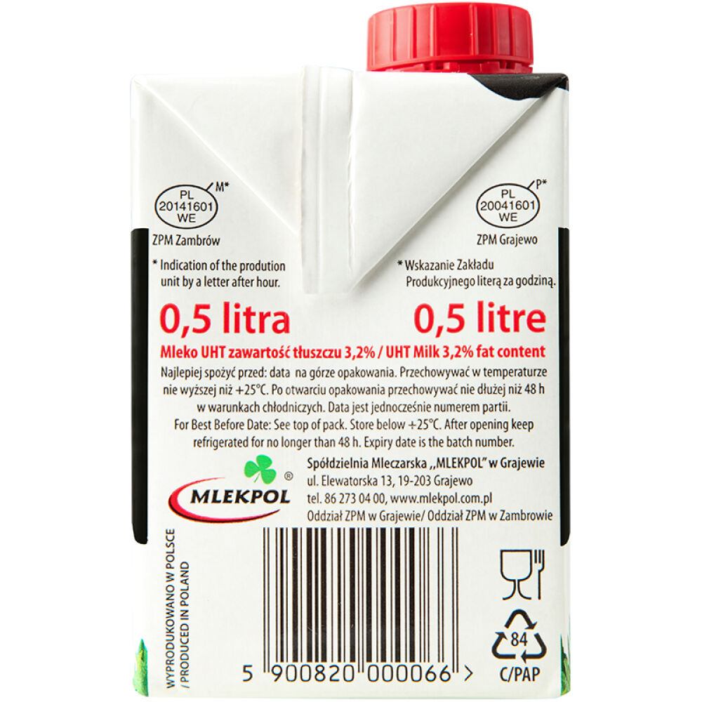 自营波兰进口牛奶laciate高温灭菌全脂牛奶0.5l*8盒