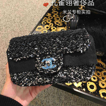 Chanel/香奈儿chanel女包15新款黑色亮片拼接口盖经典款单肩包 Chanel/香奈儿chanel女包15新款黑色亮片拼接口盖经典款单肩包