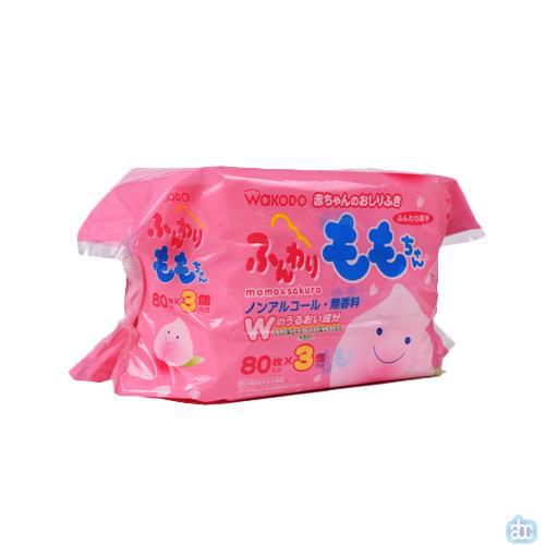 日本进口婴儿护肤湿巾-Wakodo和光堂护肤湿巾 婴儿桃叶精华护肤湿巾80片*3包