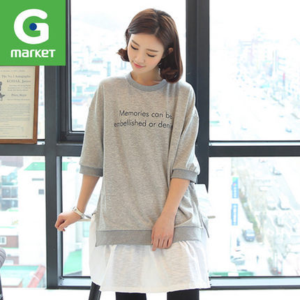 韩国新品 女装[Clicknfunny]七分袖假两件宽松中长款卫衣连衣裙