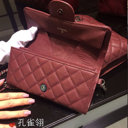 Chanel/香奈儿chanel女包15新款时尚酒红色菱格单肩包 链条款套包