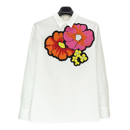 正品 MARNI玛尼 16年春夏女士刺绣花朵撞色翻领T恤 CAMAT41S13