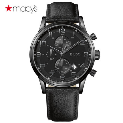 Macy's男士真皮黑色运动手表防水石英腕表Hugo Boss261616391