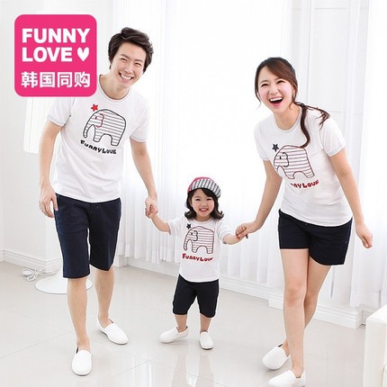 韩国FUNNYLOVE亲子装2016新款夏装小象and字母元素短袖T恤