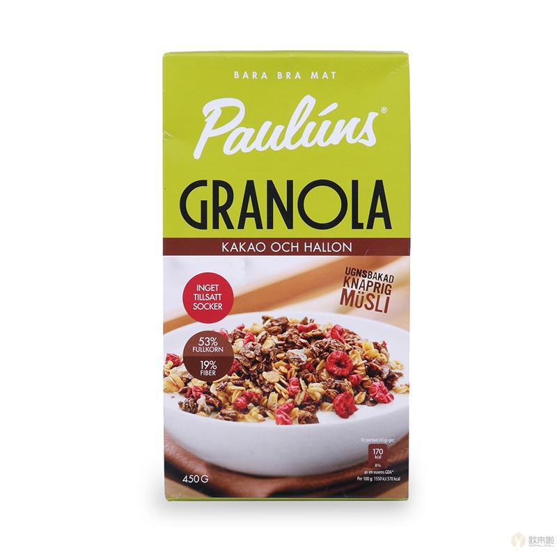 瑞典 Pauluns 健康香脆麦片什锦燕麦可可和覆盆子口味 450g 瑞典 Pauluns 健康香脆麦片什锦燕麦可可和覆盆子口味 450g
