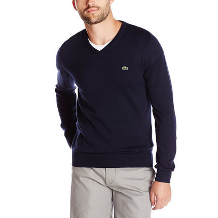 Lacoste 鳄鱼男士纯棉纯色长袖v领t恤薄款打底毛衣 1896