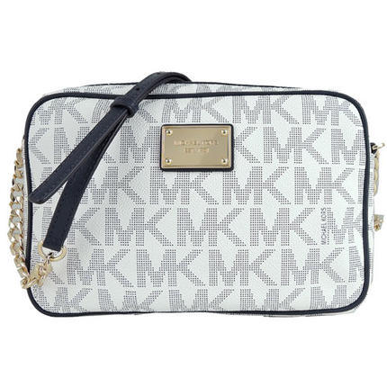 MICHAEL KORS 金饰牌满版LOGO防刮斜背包(蓝白)