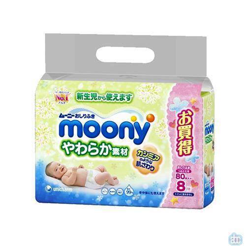 日本进口婴幼儿湿巾-尤妮佳湿巾 MOONY婴儿湿巾 新生儿宝宝湿巾 湿纸巾 替换装 80片*8