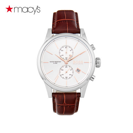 Macy's男真皮银色运动手表防水石英腕表Hugo Boss2612472316 Macy's男真皮银色运动手表防水石英腕表Hugo Boss2612472316