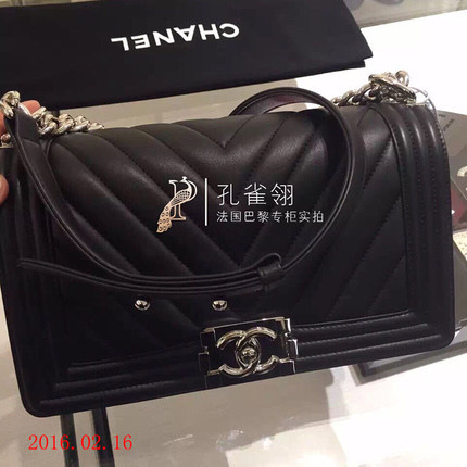 Chanel/香奈儿chanel女包16春款黑色V纹经典口盖包 链条单肩包