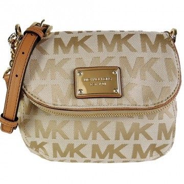 MICHAEL KORS 满版LOGO织布半月小斜背包(米金)台湾官网直邮进口