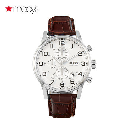 Macy's男士真皮不锈钢手表防水石英腕表Hugo Boss261559030 Macy's男士真皮不锈钢手表防水石英腕表Hugo Boss261559030
