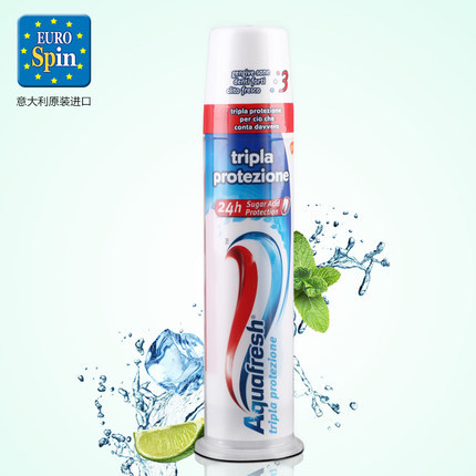 意大利原装进口Aquafresh按压式美白去渍三色直立式牙膏100ml/支