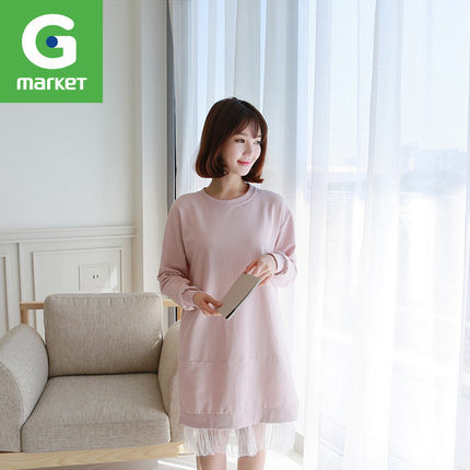 韩国新品 女装[Clicknfunny]韩版圆领宽松休闲蕾丝拼接卫衣连衣裙