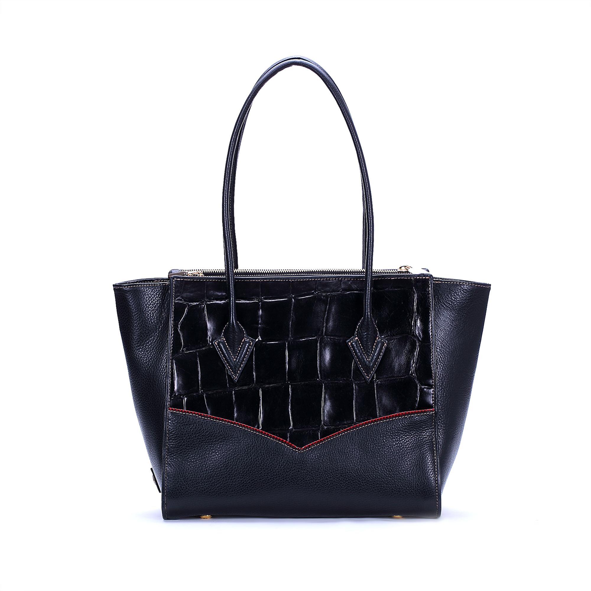 意大利进口女式手提包-Gover女包黑色牛皮配印花鳄纹女士手提袋 - 女式手提包 意大利进口女式手提包-Gover女包黑色牛皮配印花鳄纹女士手提袋 - 女式手提包