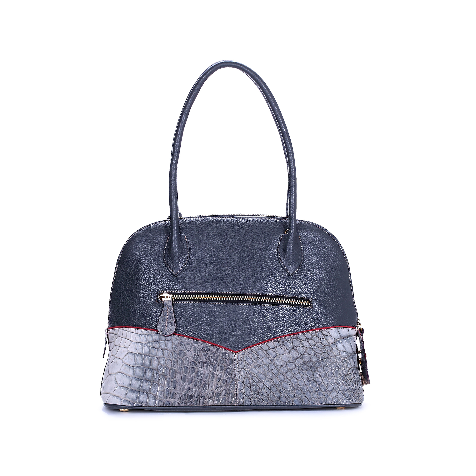 意大利进口牛皮手提包-Gover女包灰色小牛皮配印花鳄纹女士手提袋