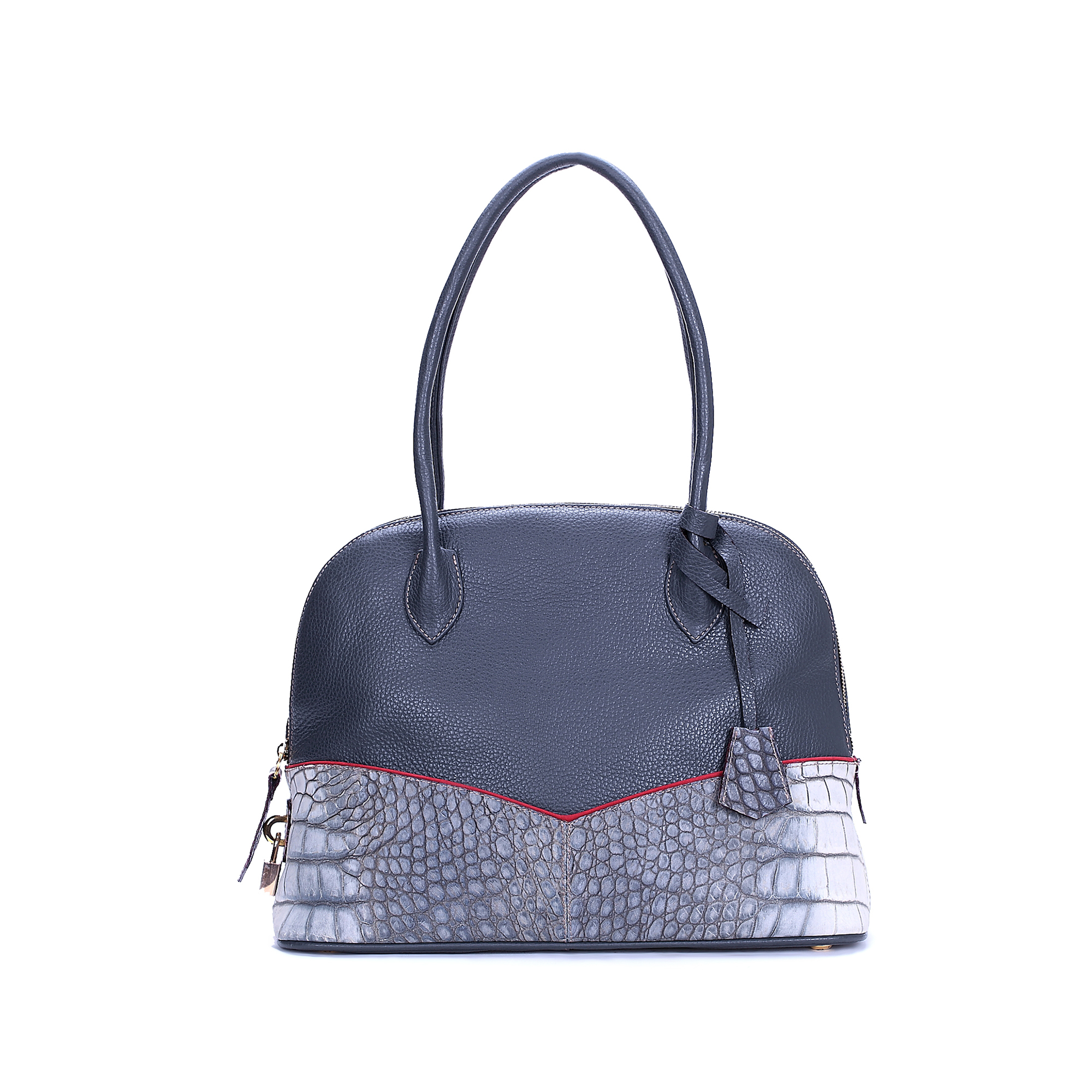 意大利进口牛皮手提包-Gover女包灰色小牛皮配印花鳄纹女士手提袋 - 牛皮手提包 意大利进口牛皮手提包-Gover女包灰色小牛皮配印花鳄纹女士手提袋 - 牛皮手提包