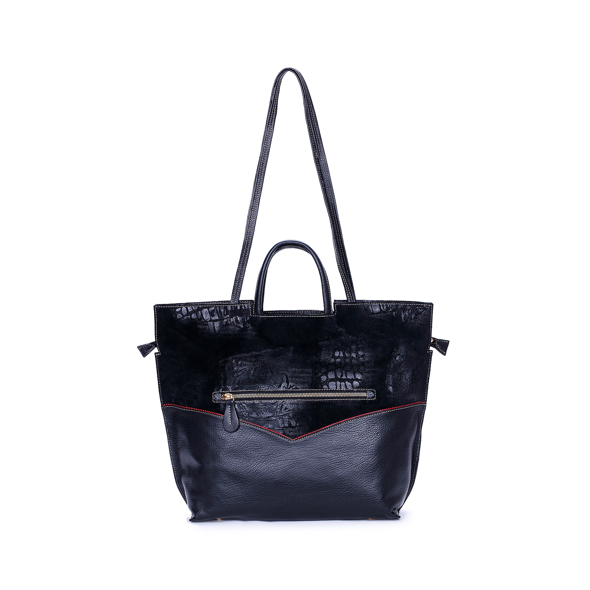 意大利进口女式手包-Gover女包黑色牛皮配鳄纹印花女士手提袋