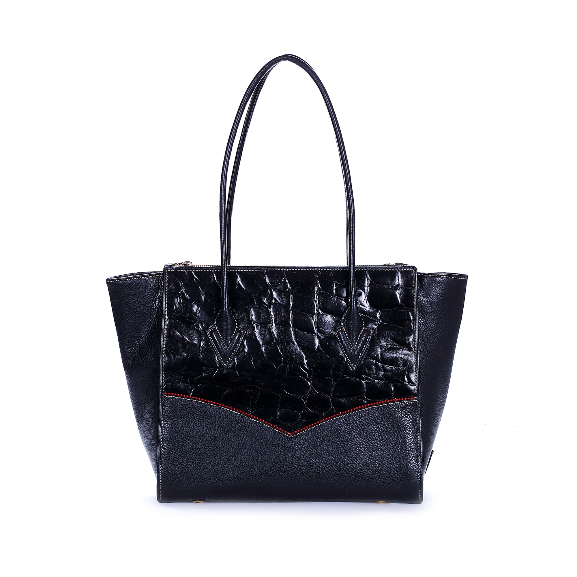 意大利进口女式手提包-Gover女包黑色牛皮配印花鳄纹女士手提袋