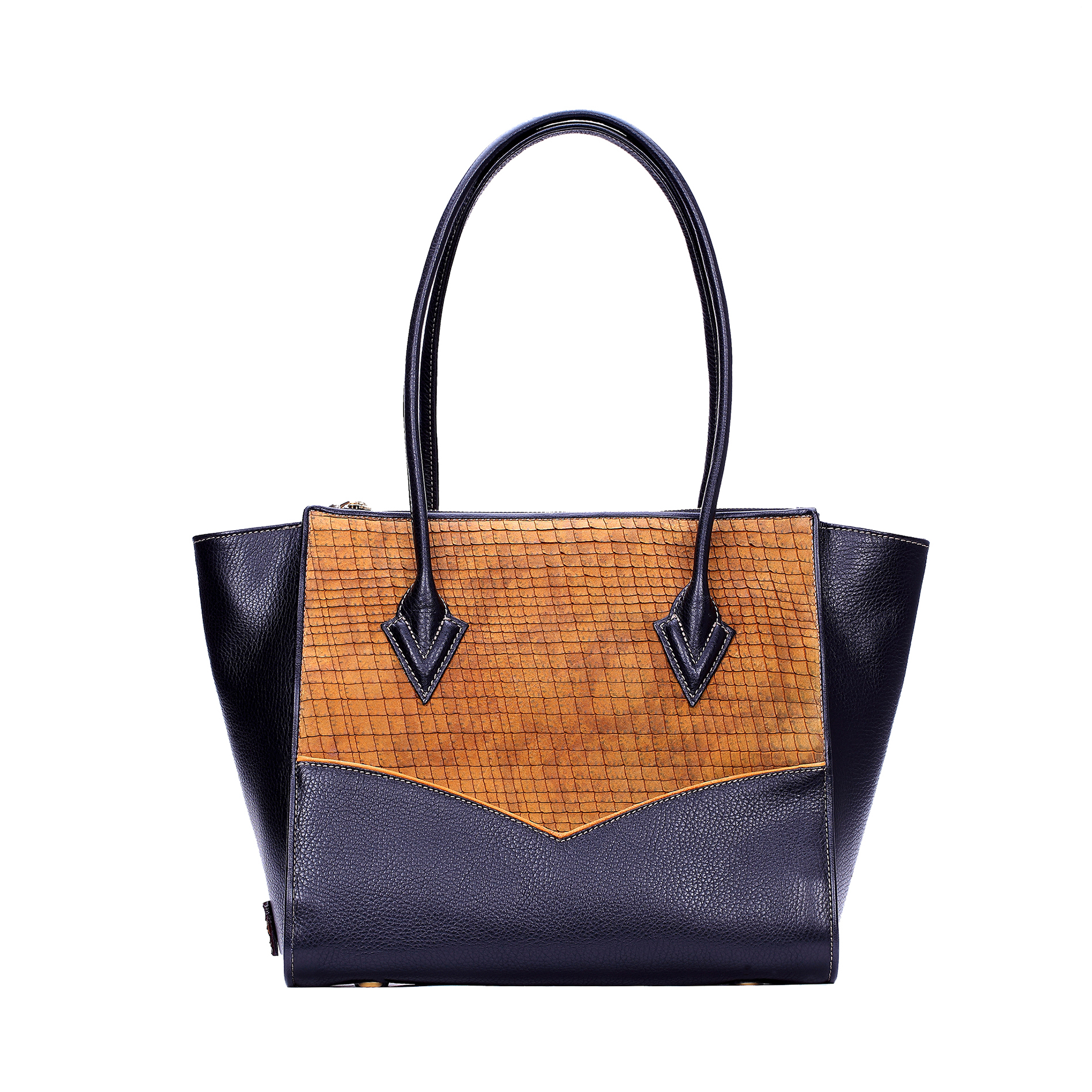 意大利进口女款手提包-Gover女包棕色配浅棕色格纹牛皮女士手提袋