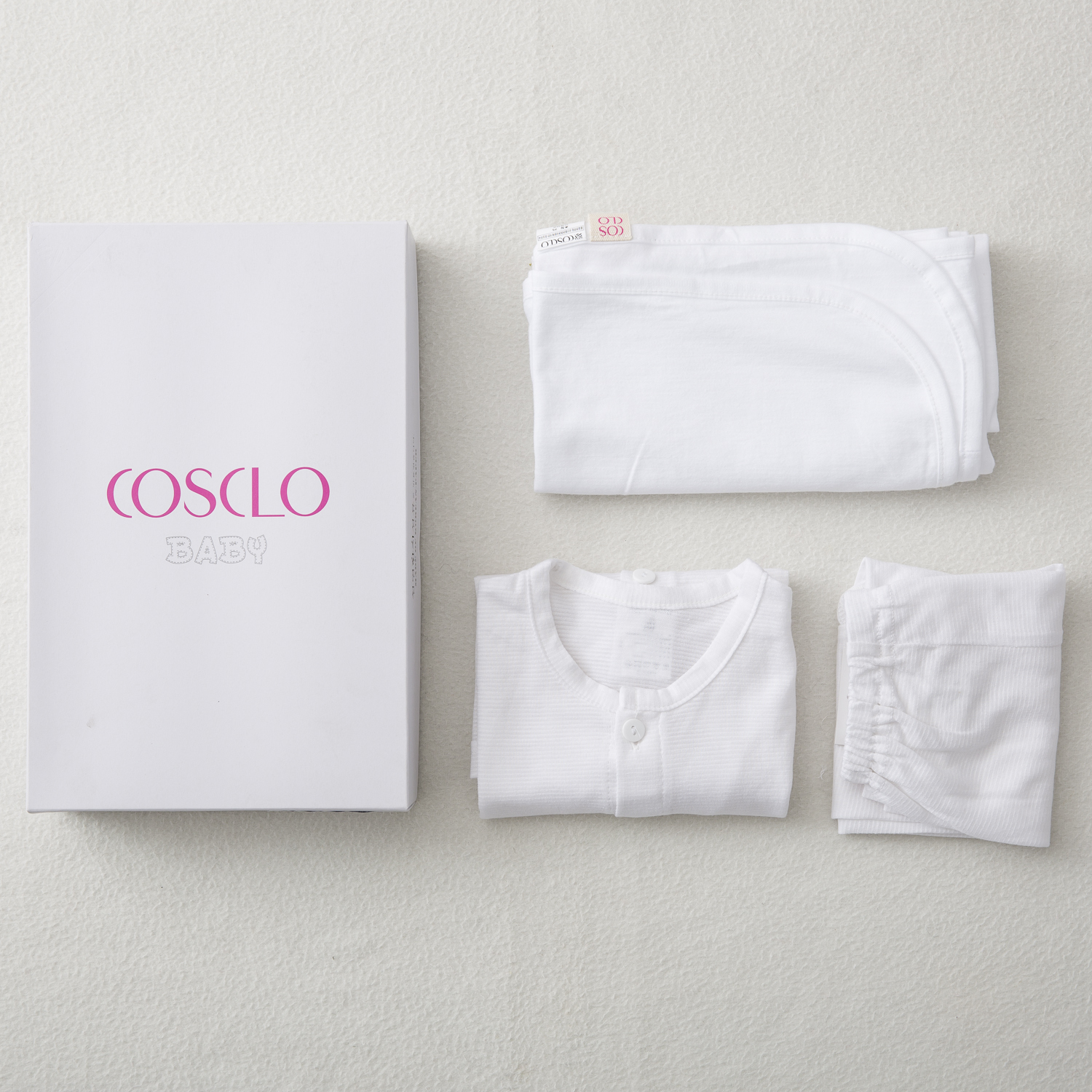 韩国进口婴幼儿内衣-COSCLO韩纸新生婴儿内衣(直排上衣裤子)毯子抗菌