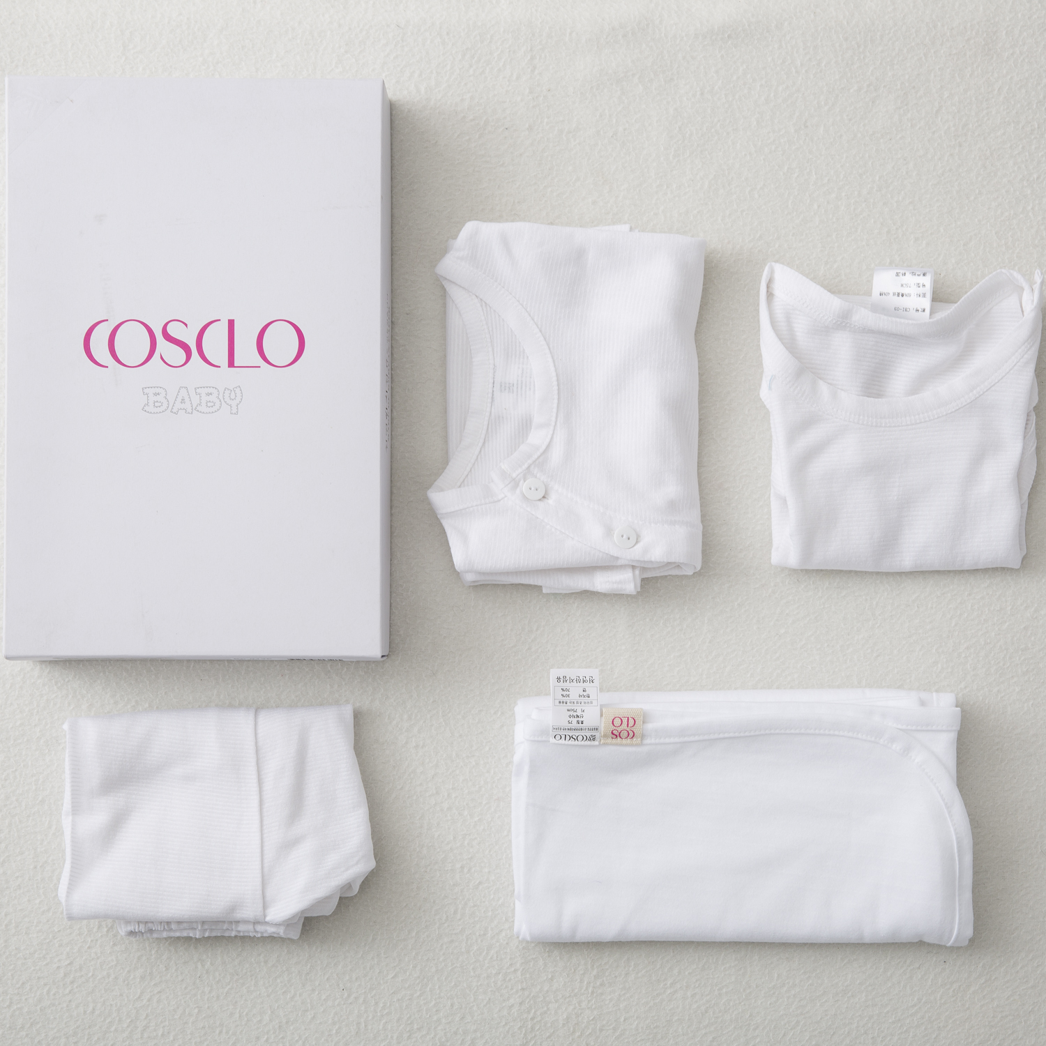 韩国进口婴儿内衣-COSCLO韩纸新生婴儿内衣(斜排上衣裤子短袖连体)毯子